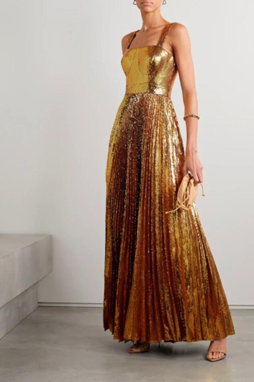 NWT SemSem Pleated Gold Sequin Embellished Sleeveless Tulle Gown Womens 4